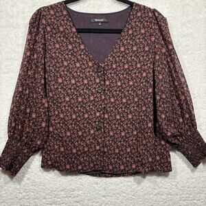 Madewell Women's Georgette Smocked-Cuff Button-Front Top Size 4/S Orchard Floral